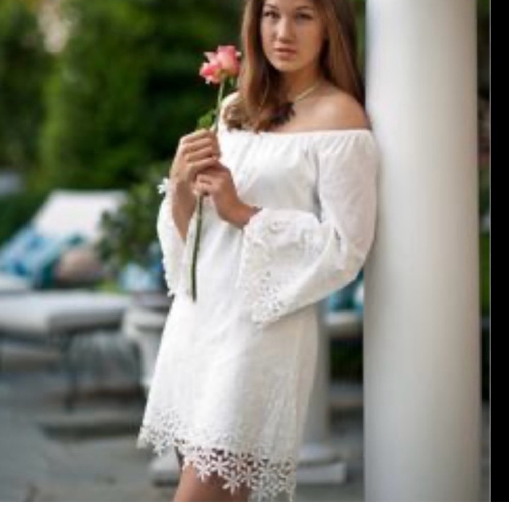 Boho White Crochet-Hem Mini Dress with Tie Neck